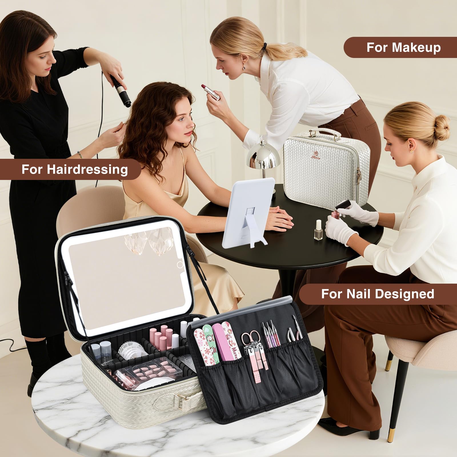 Faquenc beige-pattern makeup bag features durable synthetic leather for everyday travel.