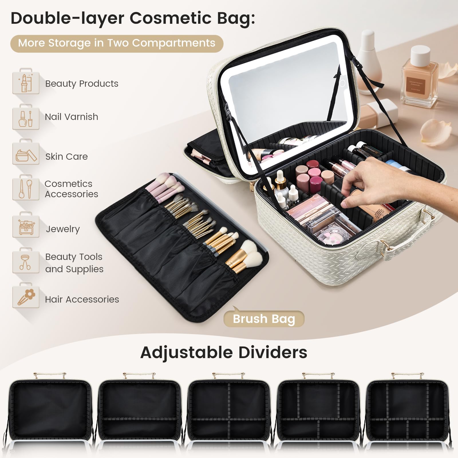 Faquenc makeup bag beige pattern with gold zipper for chic travel style