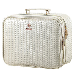 Faquenc makeup bag LED mirror closed view shows portable travel design and beige finish