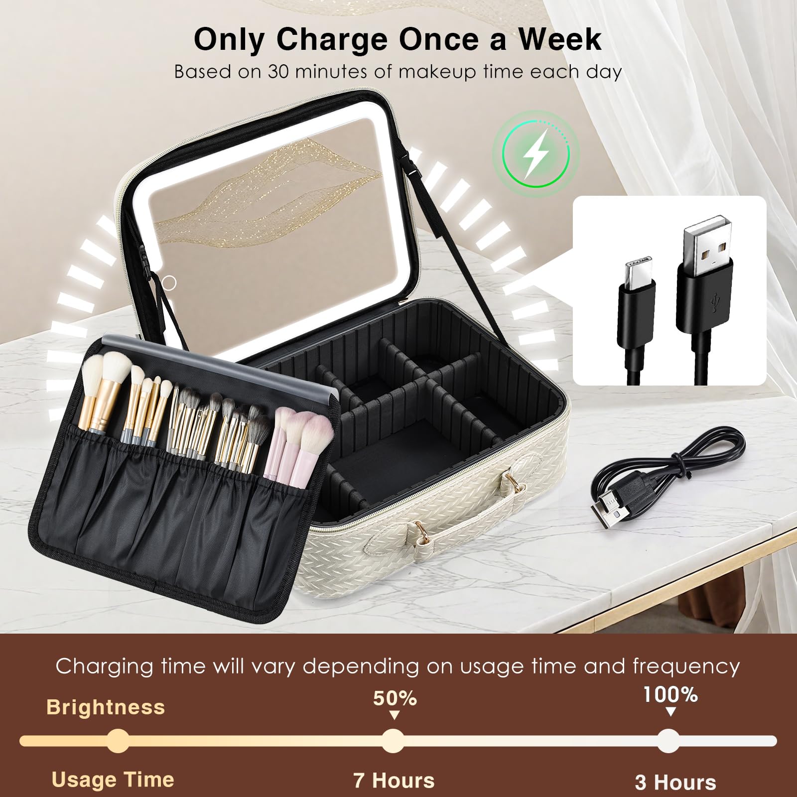 Beige Faquenc bag with gold zipper adds stylish travel elegance.