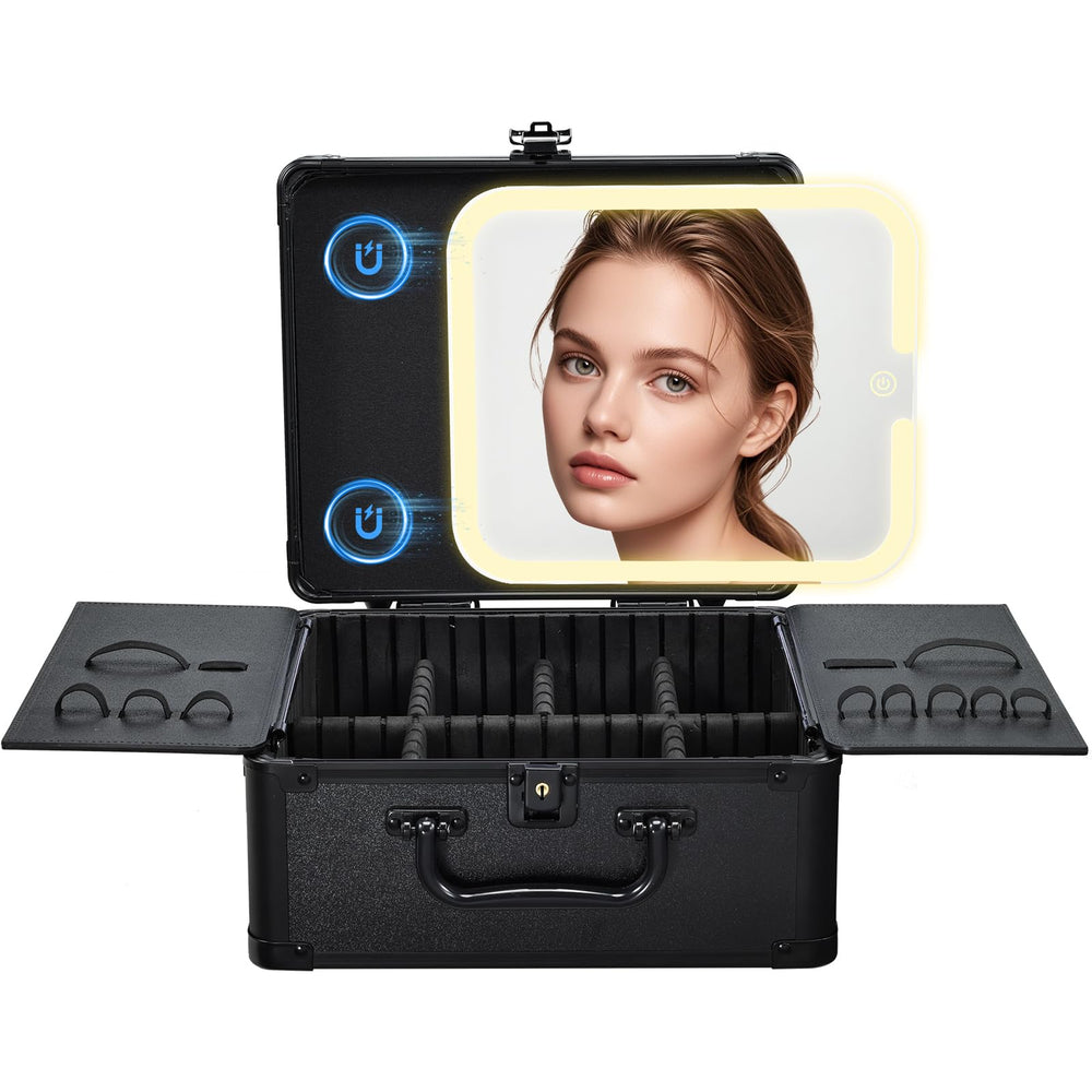 Faquenc makeup case with magnetic vanity mirror on metal surface for on-the-go touchups