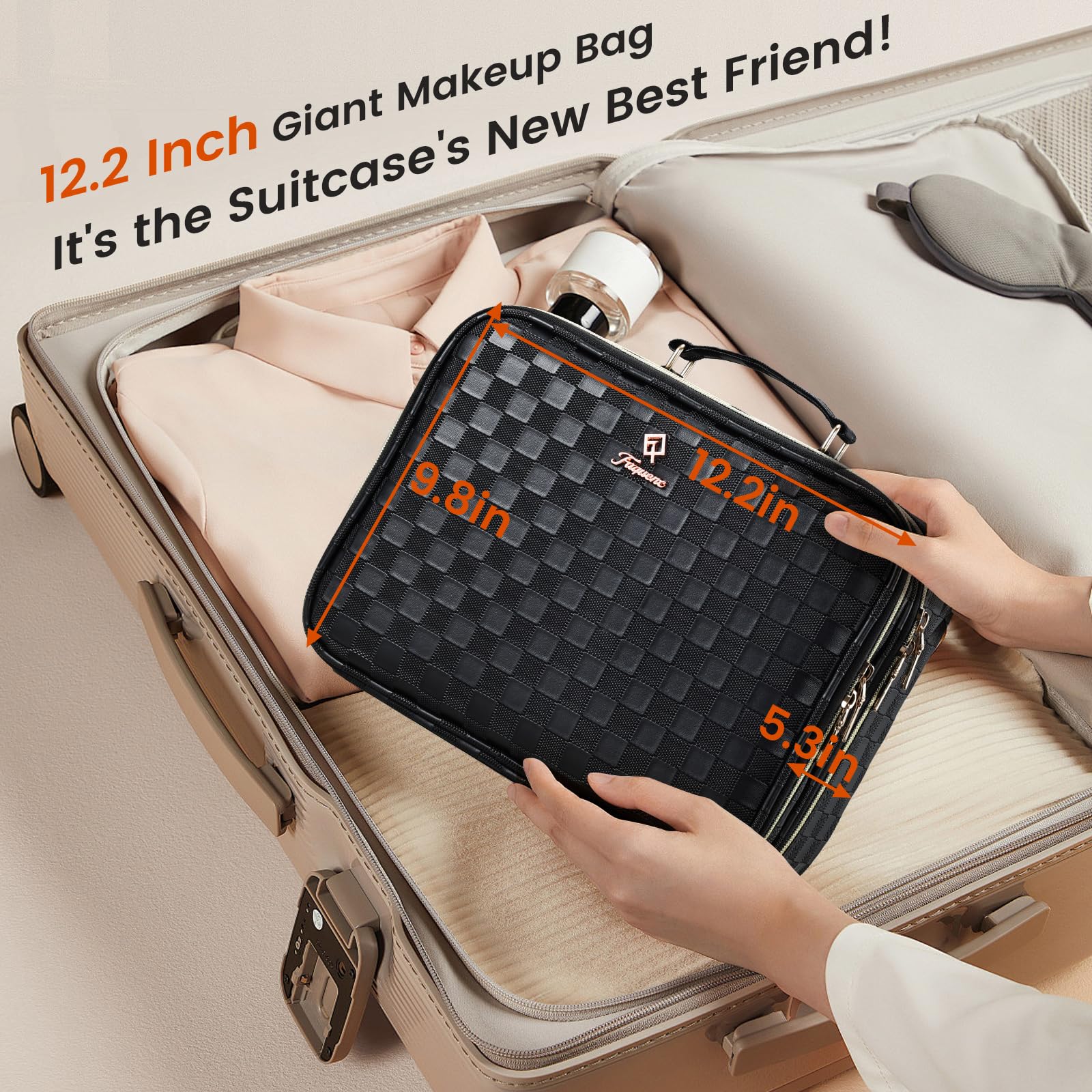 Faquenc synthetic leather makeup bag offers durable water-resistant protection.
