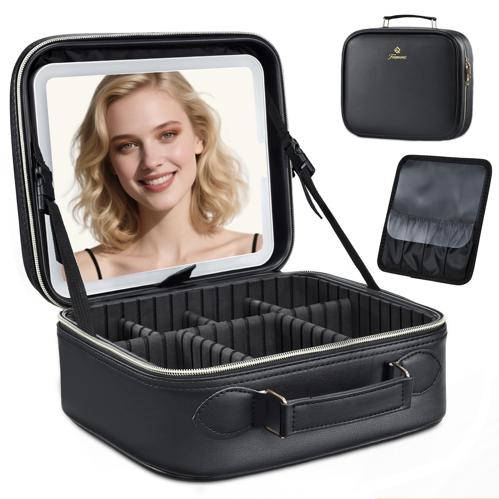 Faquenc travel makeup bag with LED mirror front view for on-the-go glam