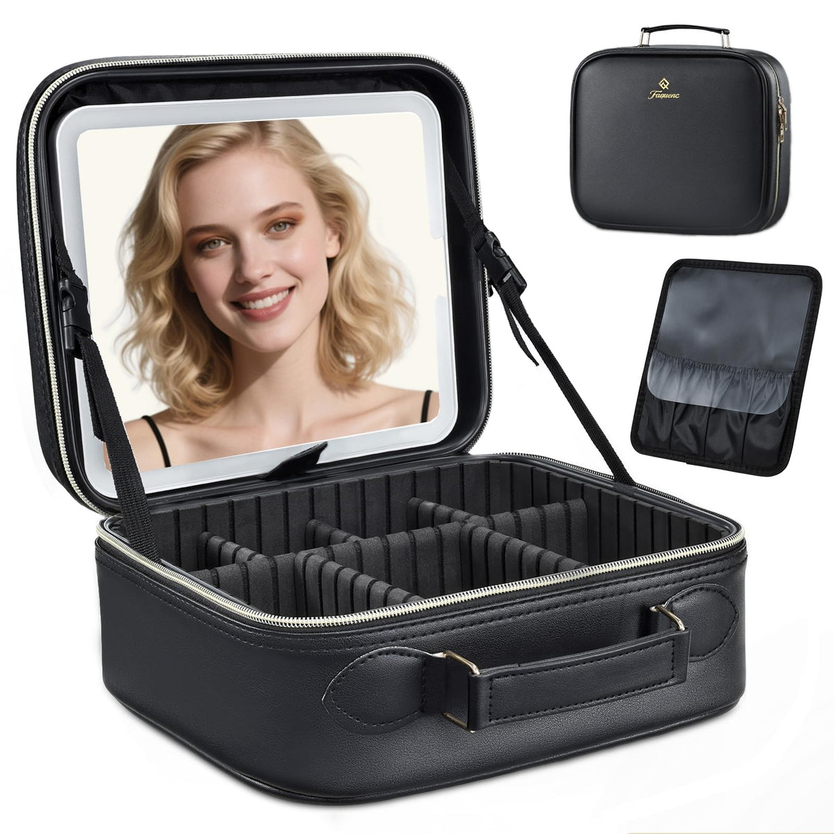Faquenc travel makeup bag with LED mirror front view for on-the-go glam