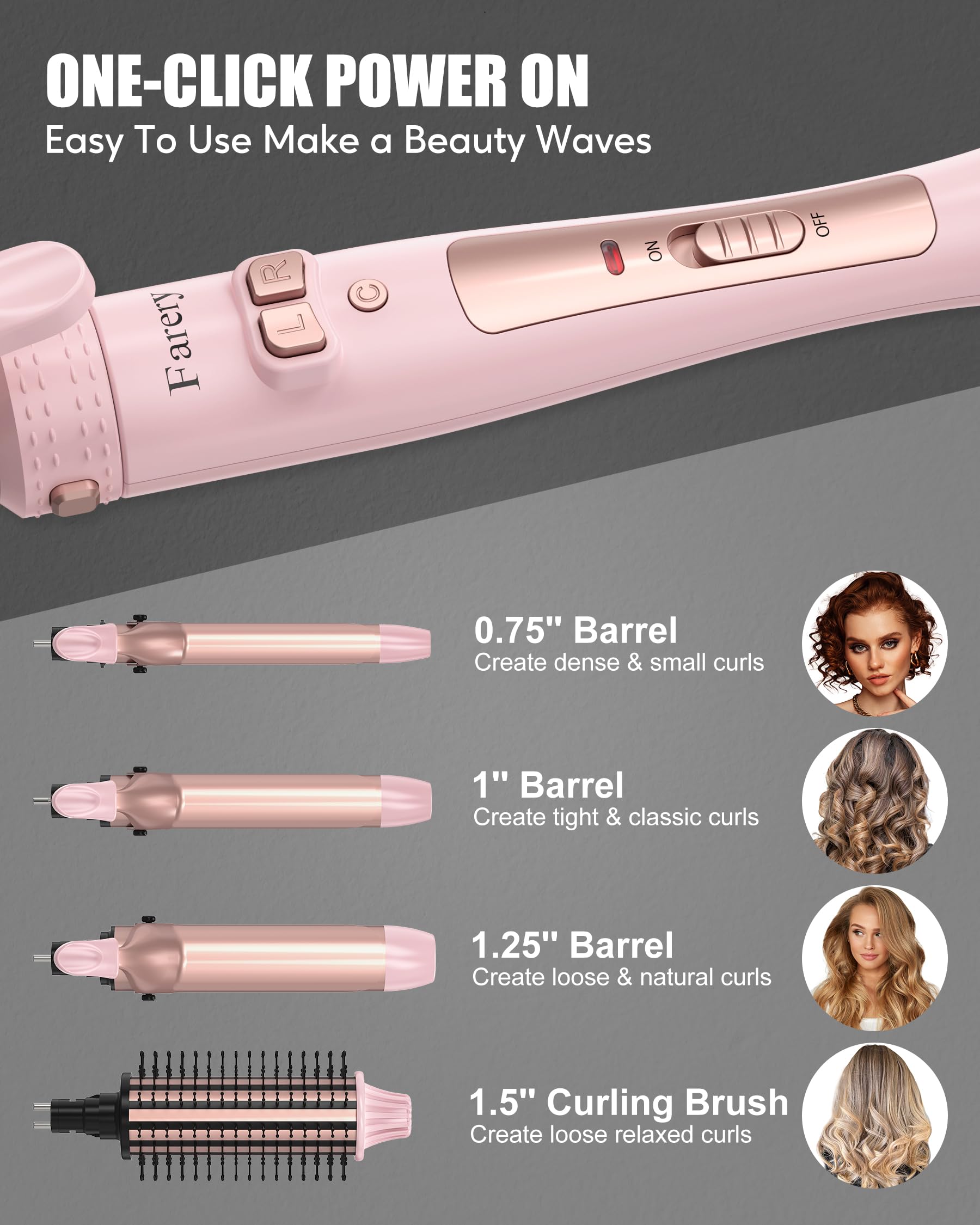 Farery 1-1/4 inch ceramic barrel for soft, voluminous waves.