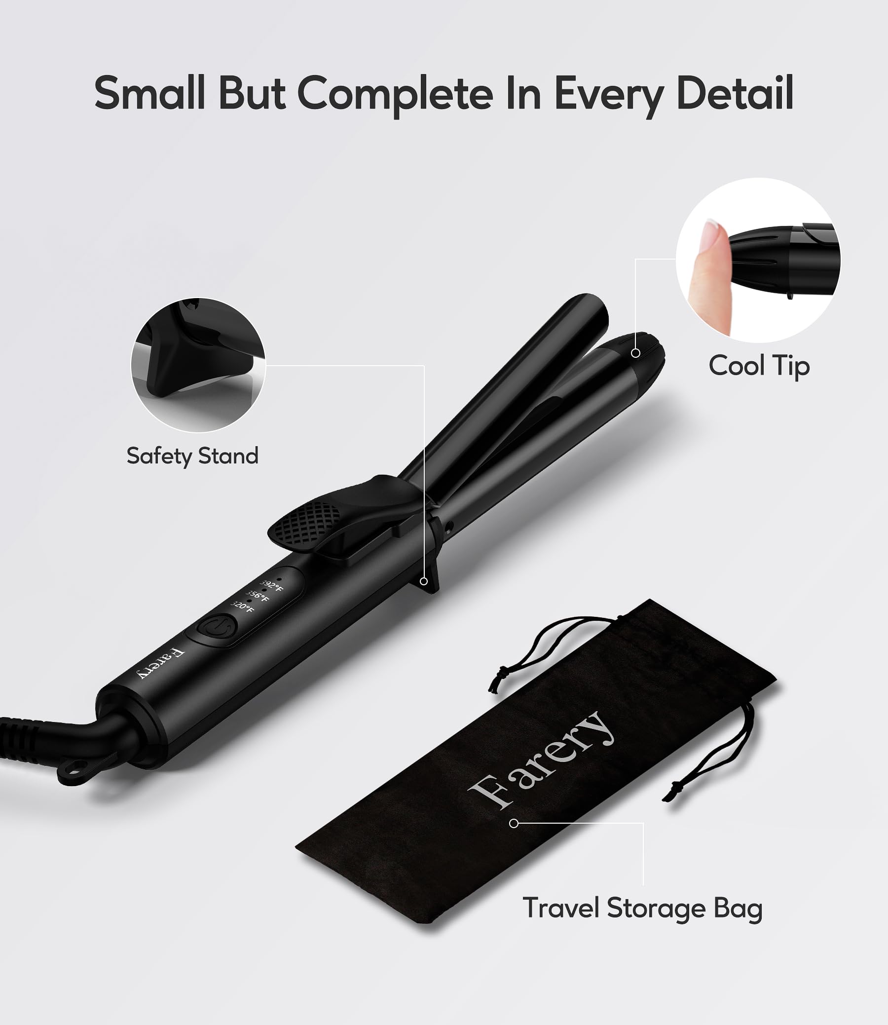 FARERY mini curling iron in use demonstrates easy curling on short to medium hair.
