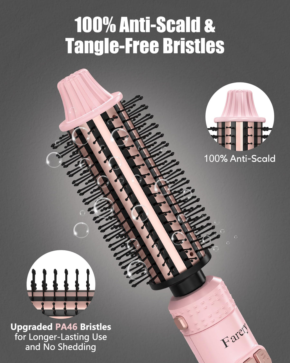 Farery pink heating round brush ready for even heat distribution.