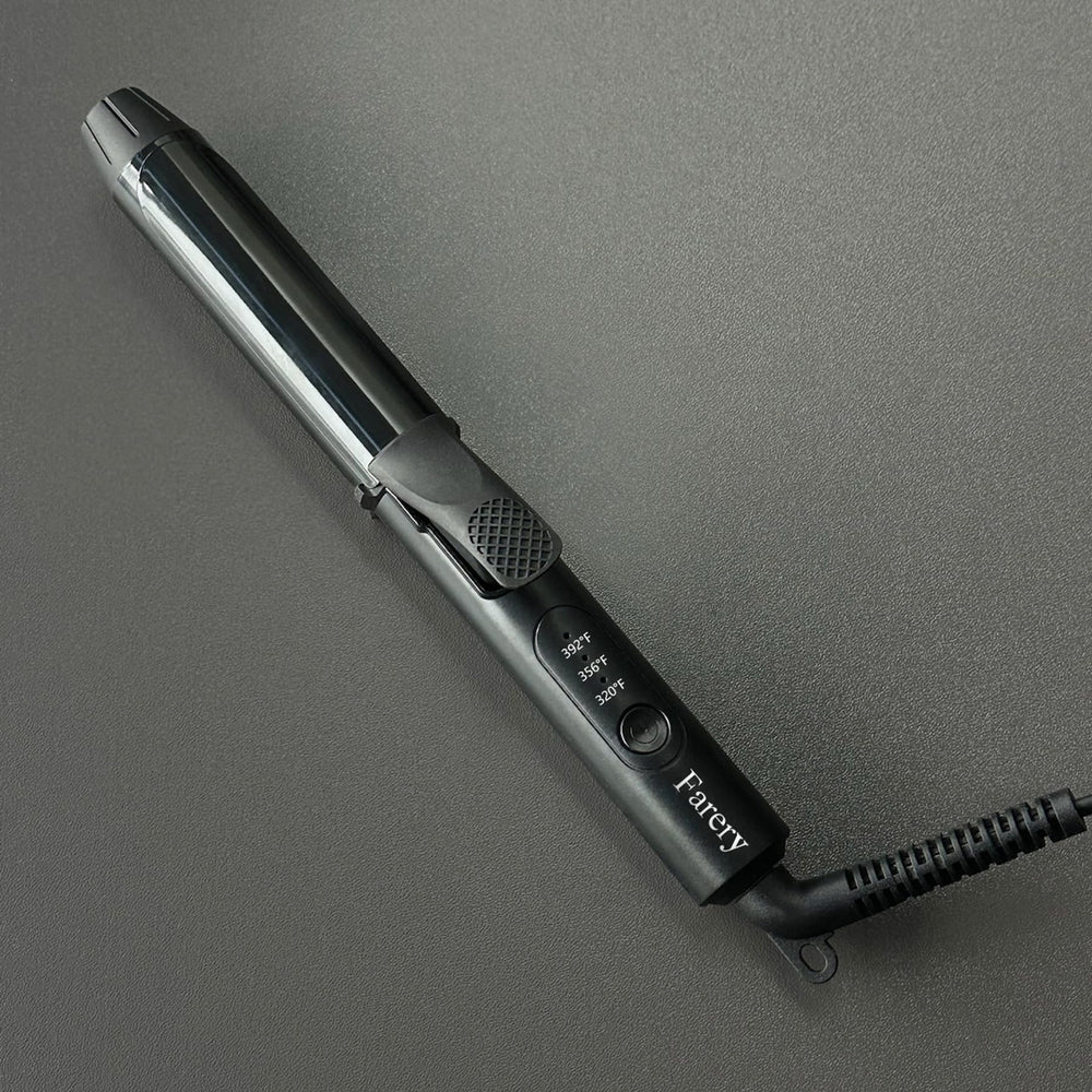 FARERY tourmaline-infused barrel supports shiny, frizz-free curls.