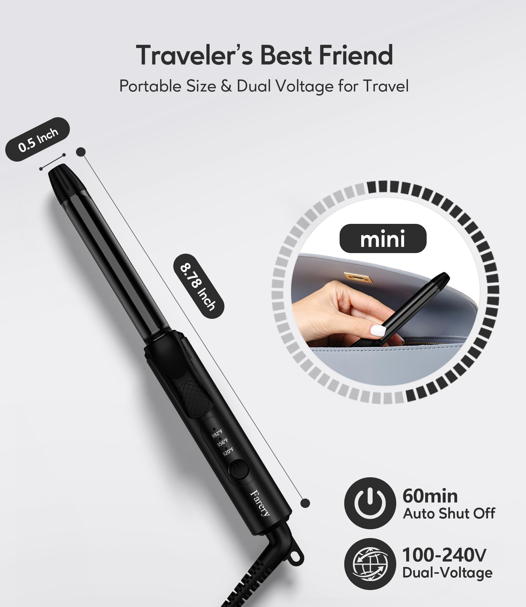 Farery travel dual-voltage curling iron for worldwide styling on the go.