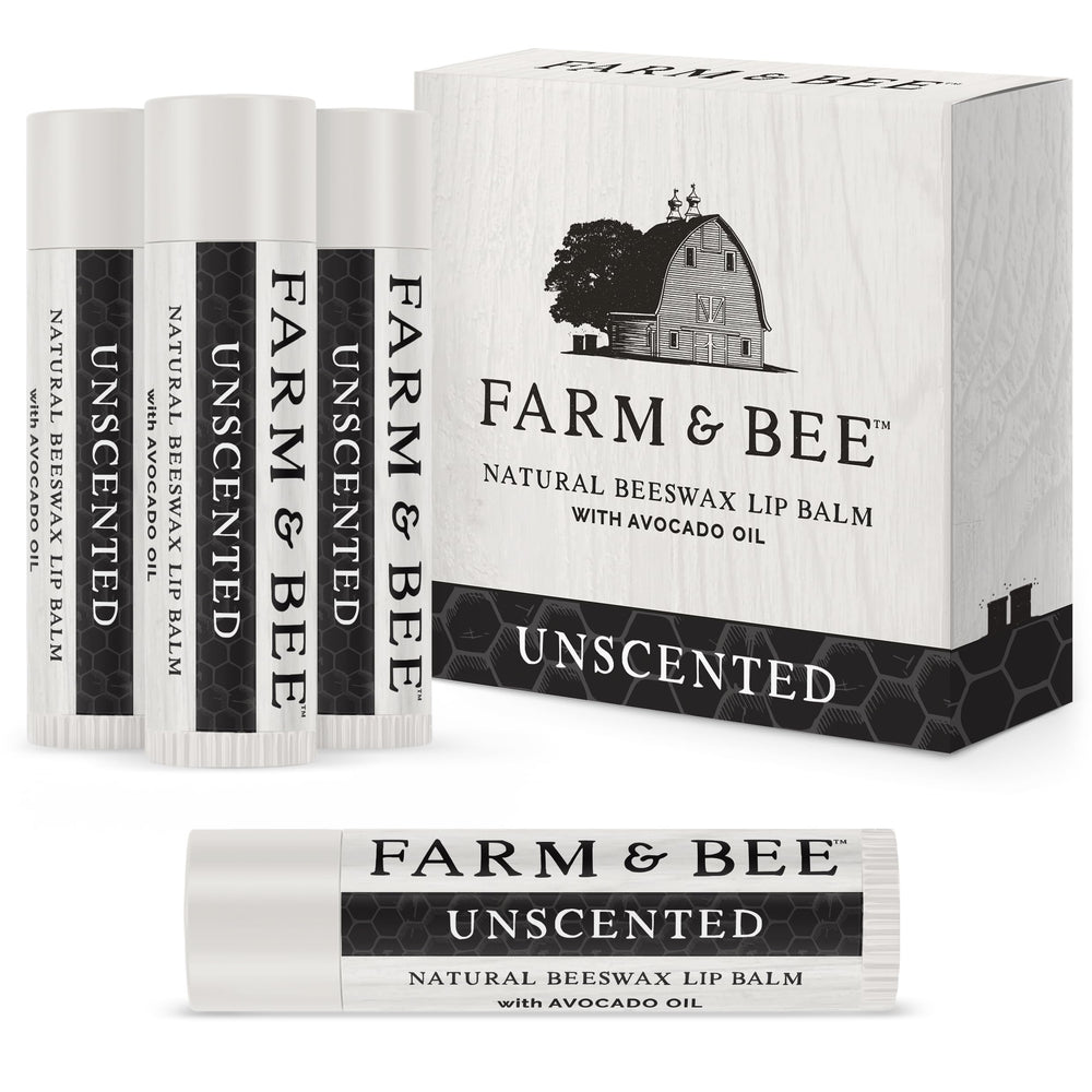 Farm & Bee lip balm packaging label; unscented, natural ingredients.