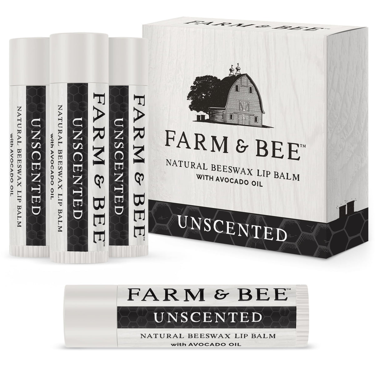 Farm & Bee lip balm packaging label; unscented, natural ingredients.