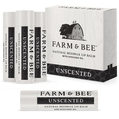 Farm & Bee lip balm packaging label; unscented, natural ingredients.