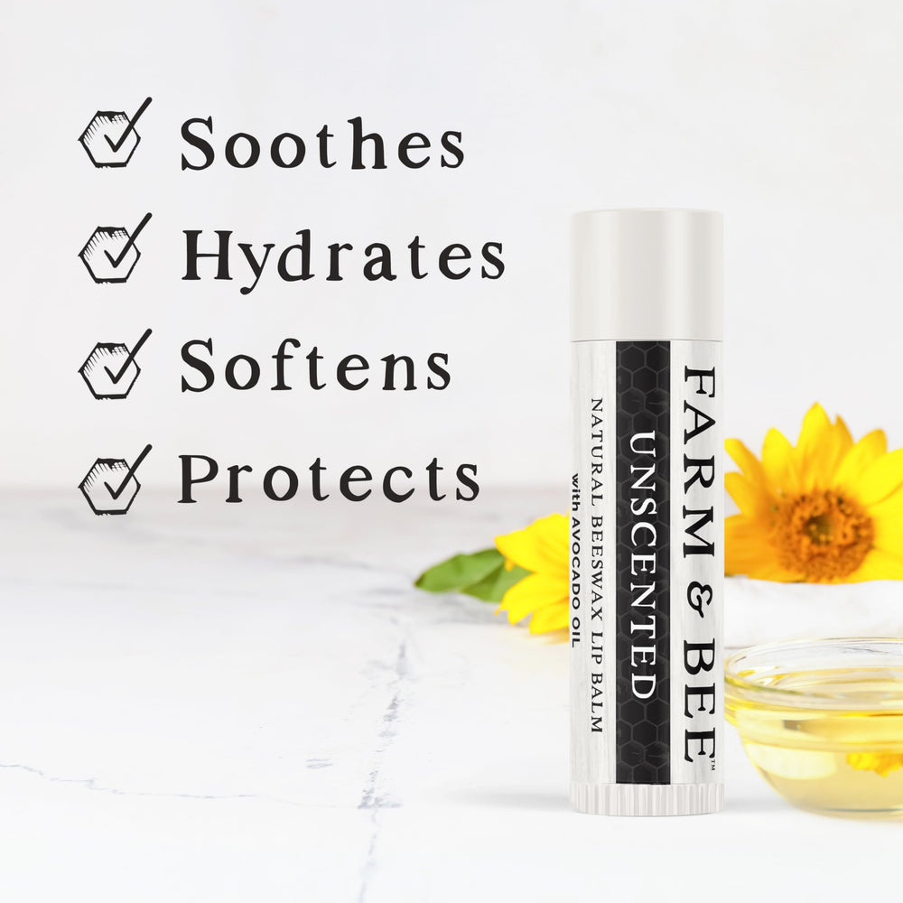 Farm & Bee lip balm stick application for smooth lips.