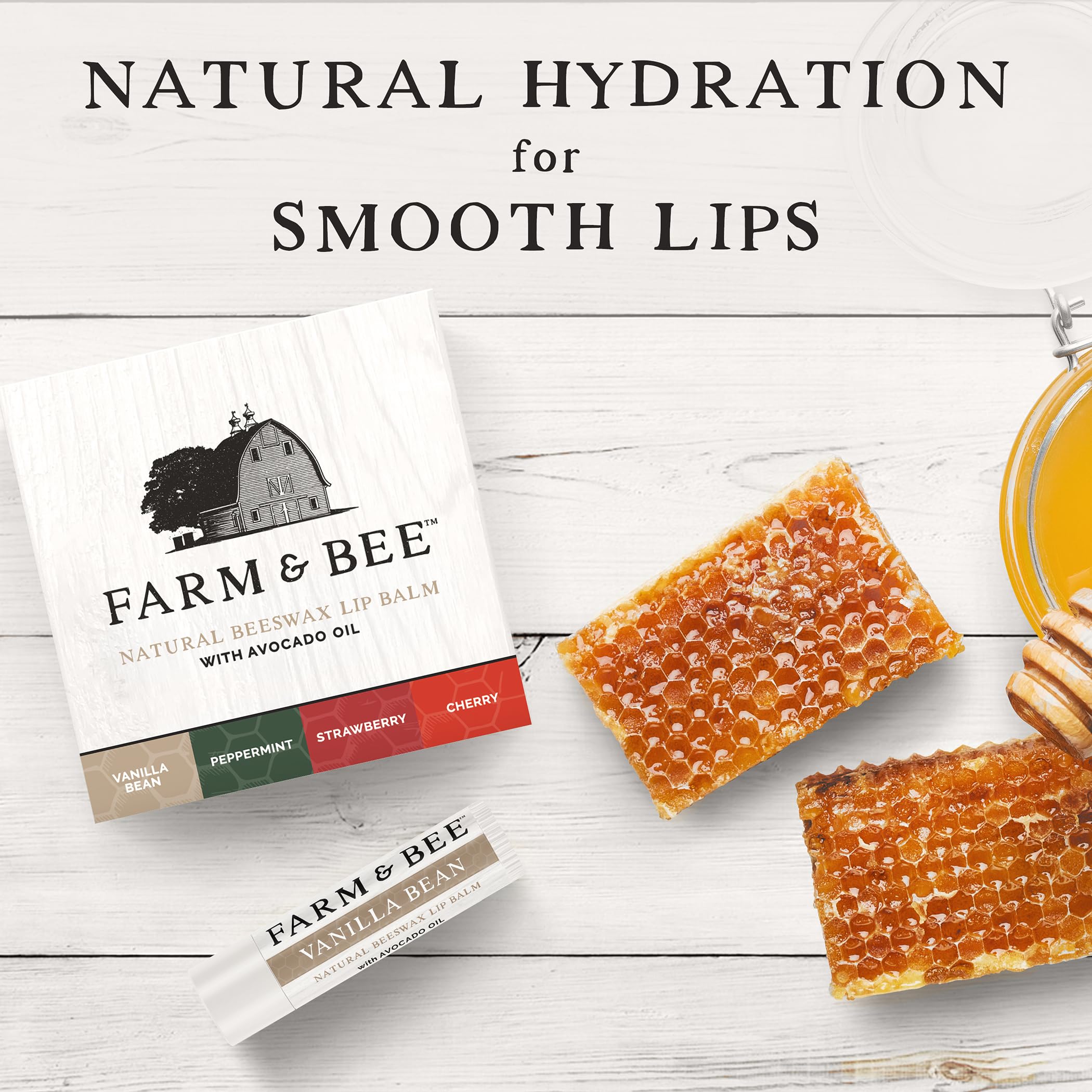Pack de bálsamos Farm & Bee: empaque listo para regalo y uso práctico.