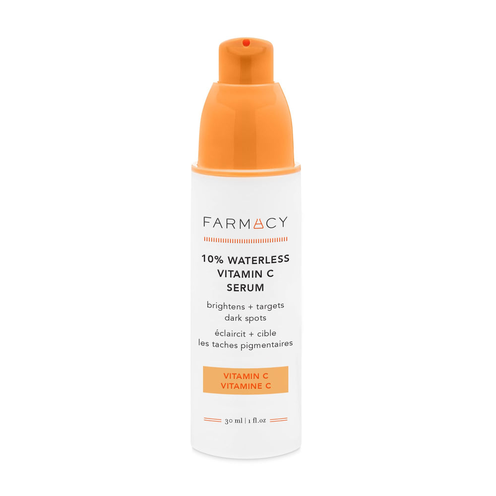 Farmacy 10% Vitamin C Serum bottle shows brightening properties.