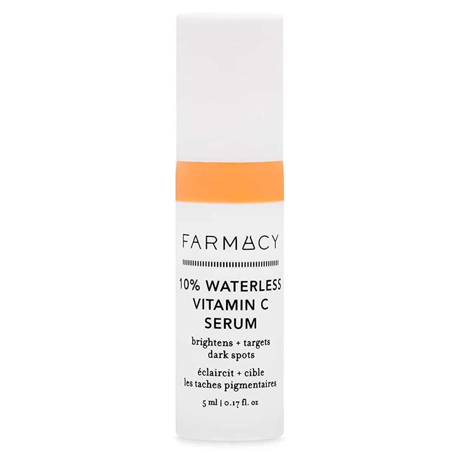 Farmacy 10% Vitamin C Serum bottle shows a potent waterless formula for brighter skin
