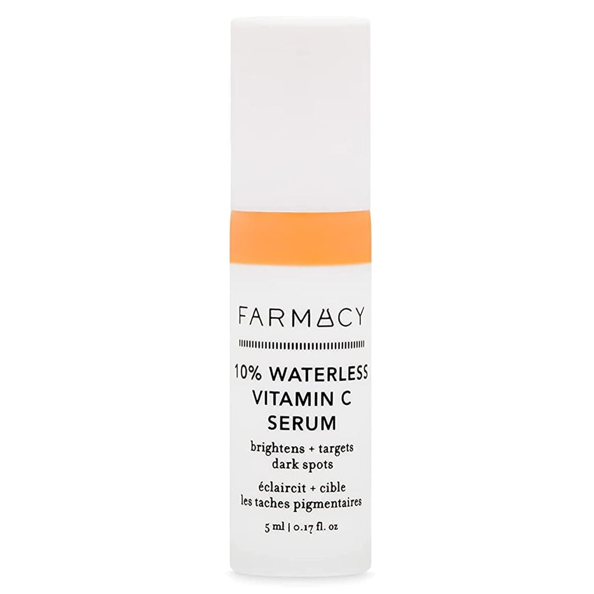 Farmacy 10% Vitamin C Serum bottle shows a potent waterless formula for brighter skin