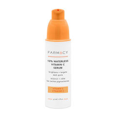 Farmacy 10% Vitamin C Serum bottle shows brightening properties.