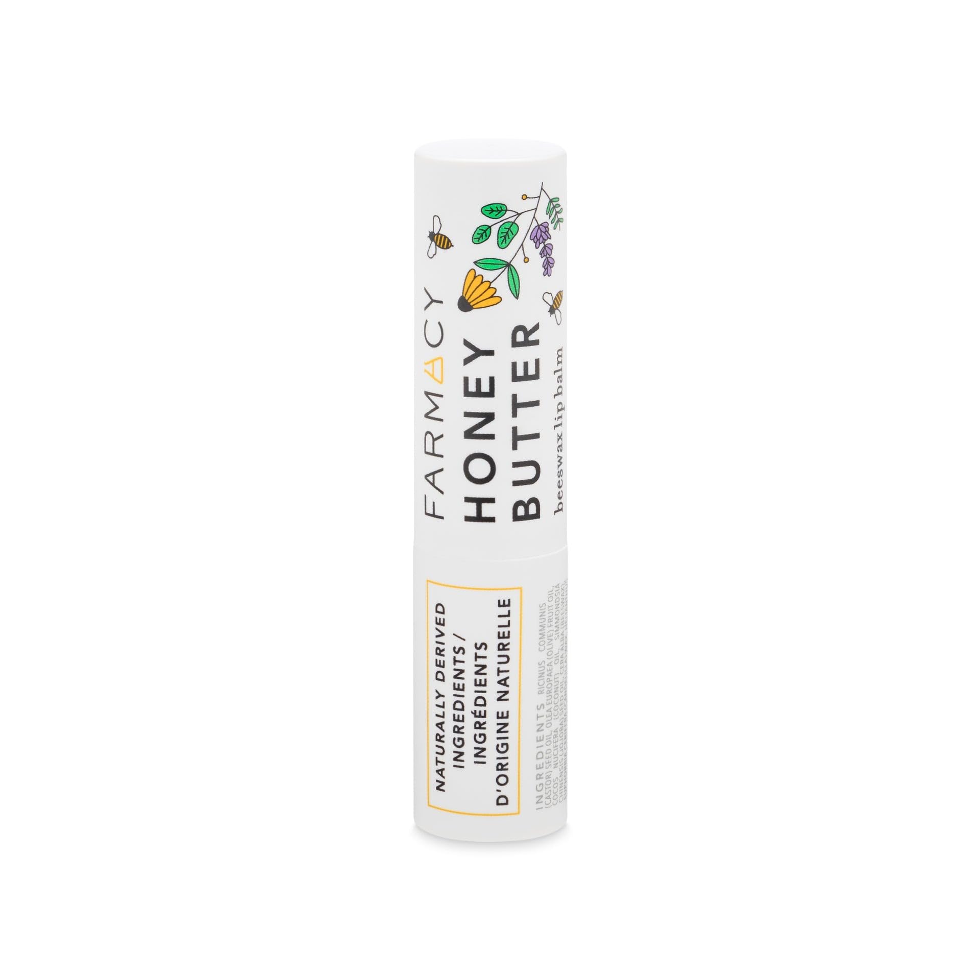 Farmacy beeswax lip balm honey butter ingredients cupuaçu cocoa close-up highlights rich moisture.