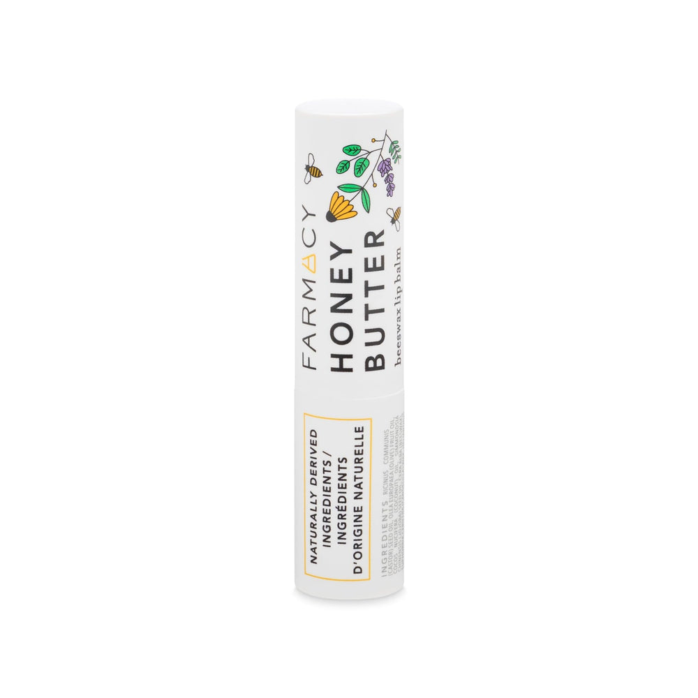 Farmacy beeswax lip balm honey butter ingredients cupuaçu cocoa close-up highlights rich moisture.