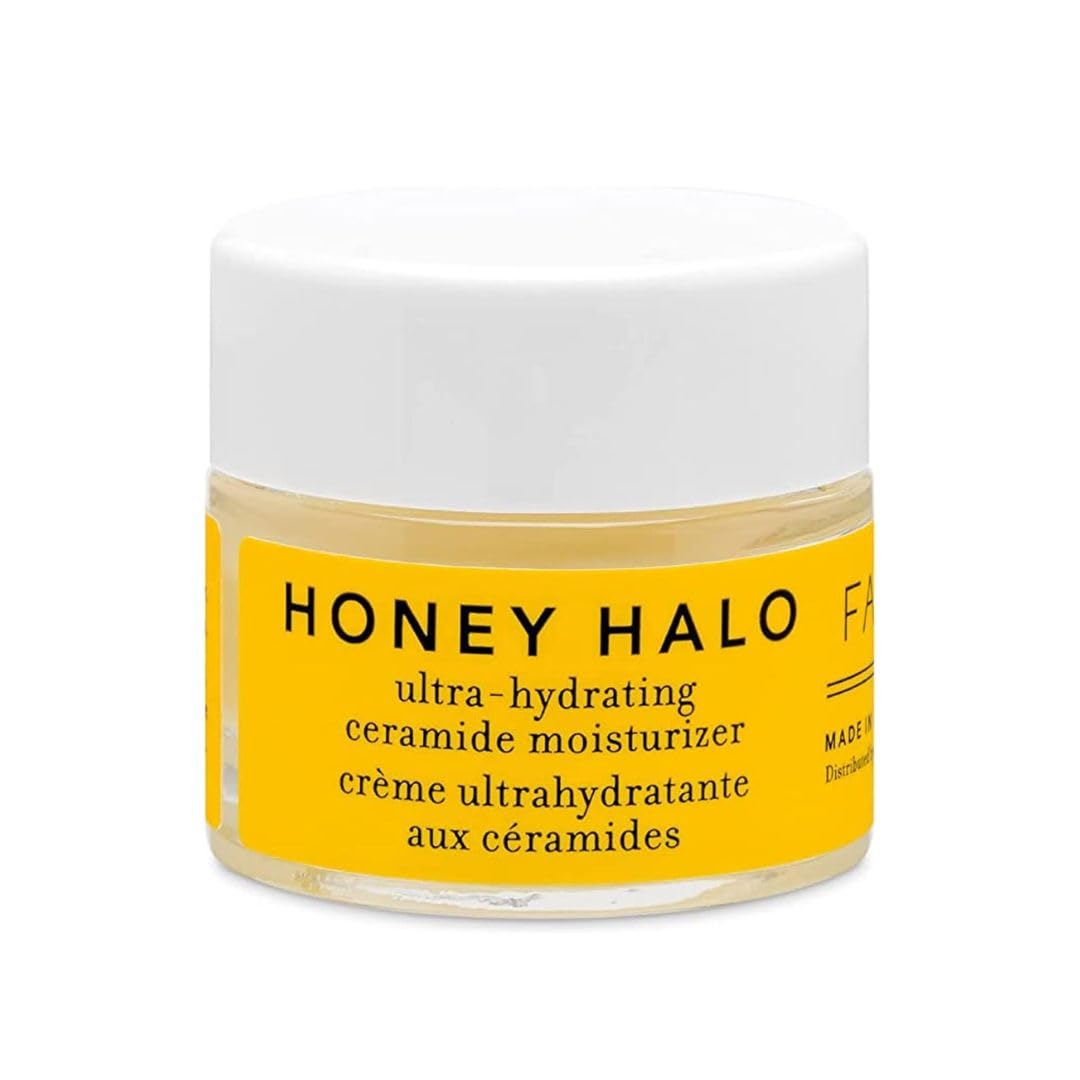 Farmacy Honey Halo jar close-up showing creamy ceramide moisturizer for dry skin hydration