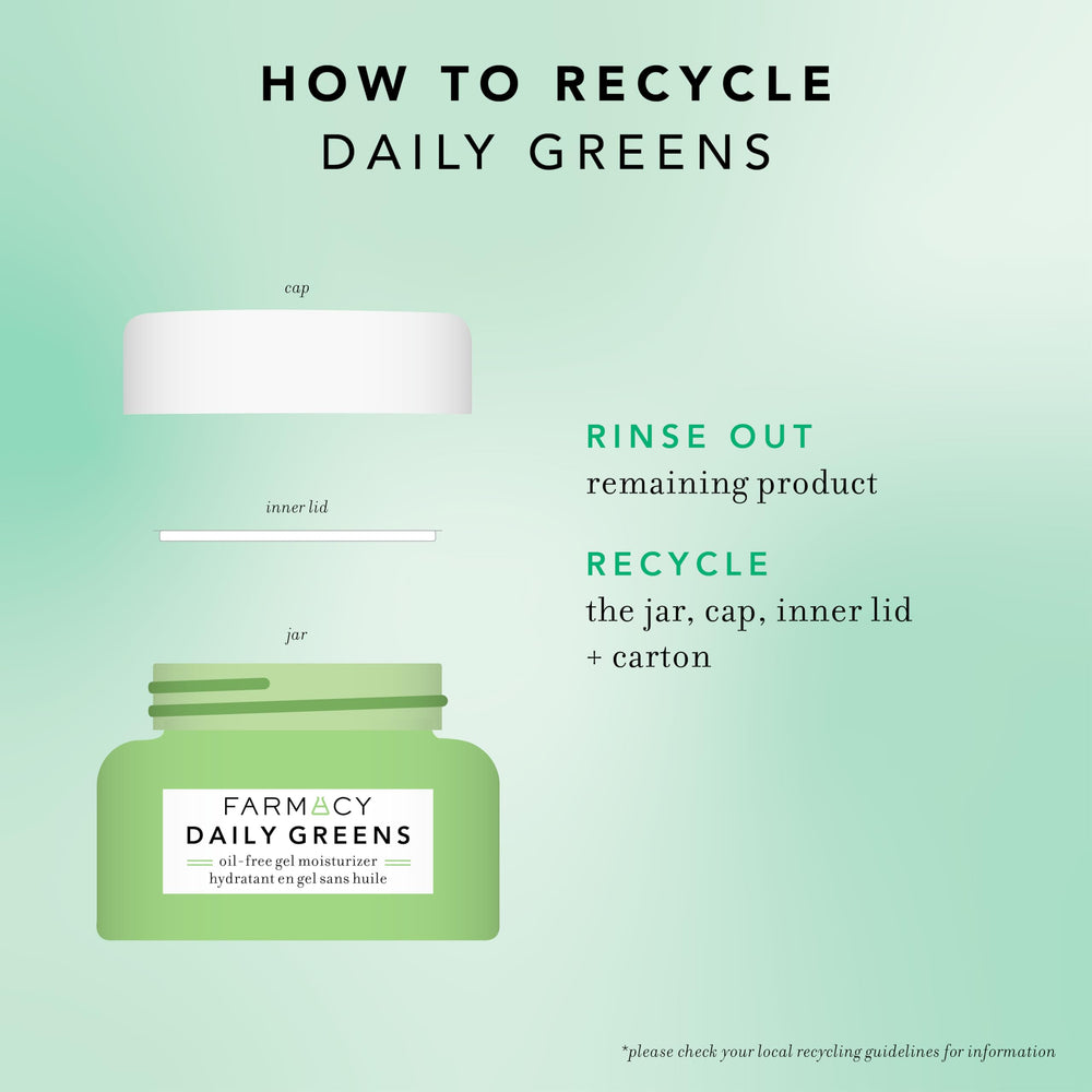 Farmacy Daily Greens display-model scene conveys portable fragrance-free hydration for oily skin.