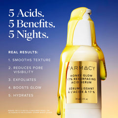 Farmacy Face Exfoliator Serum Honey Glow label closeup shows fragrance-free formula