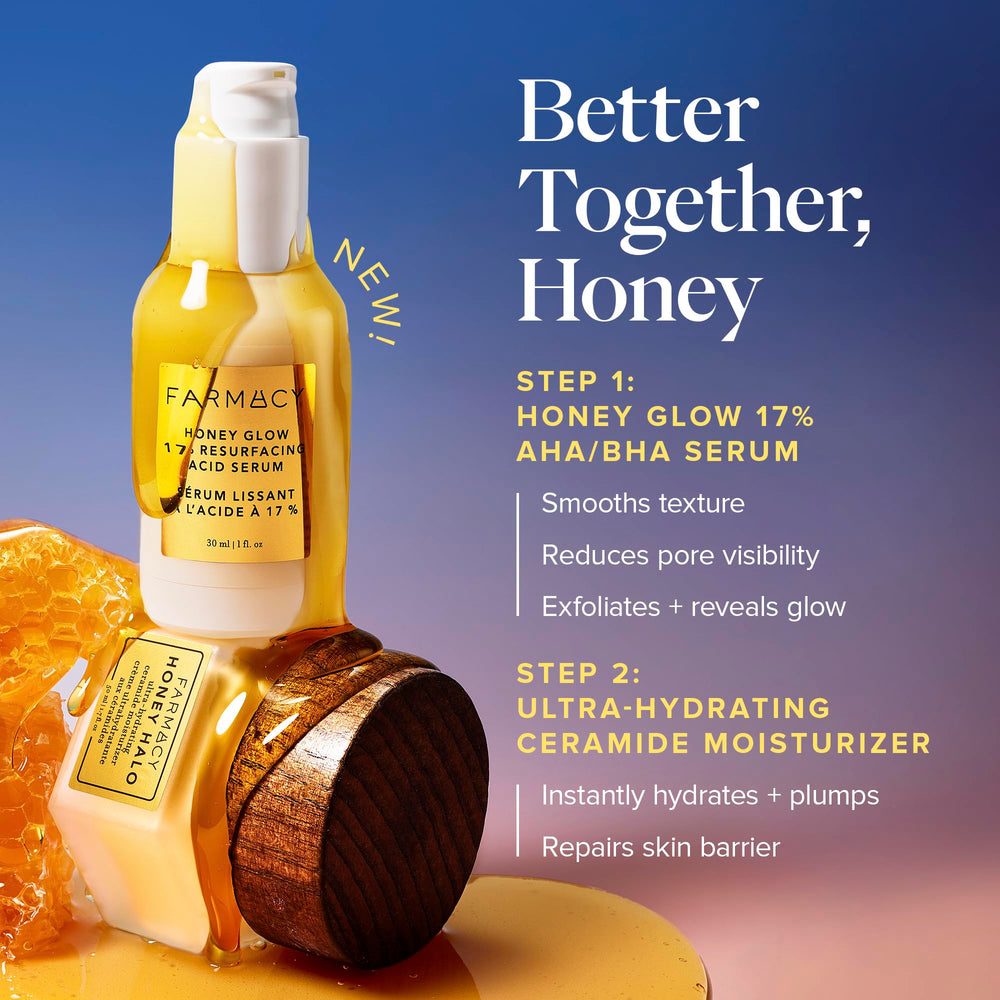 Farmacy Face Exfoliator Serum Honey Glow unboxed presentation highlights clean ingredients