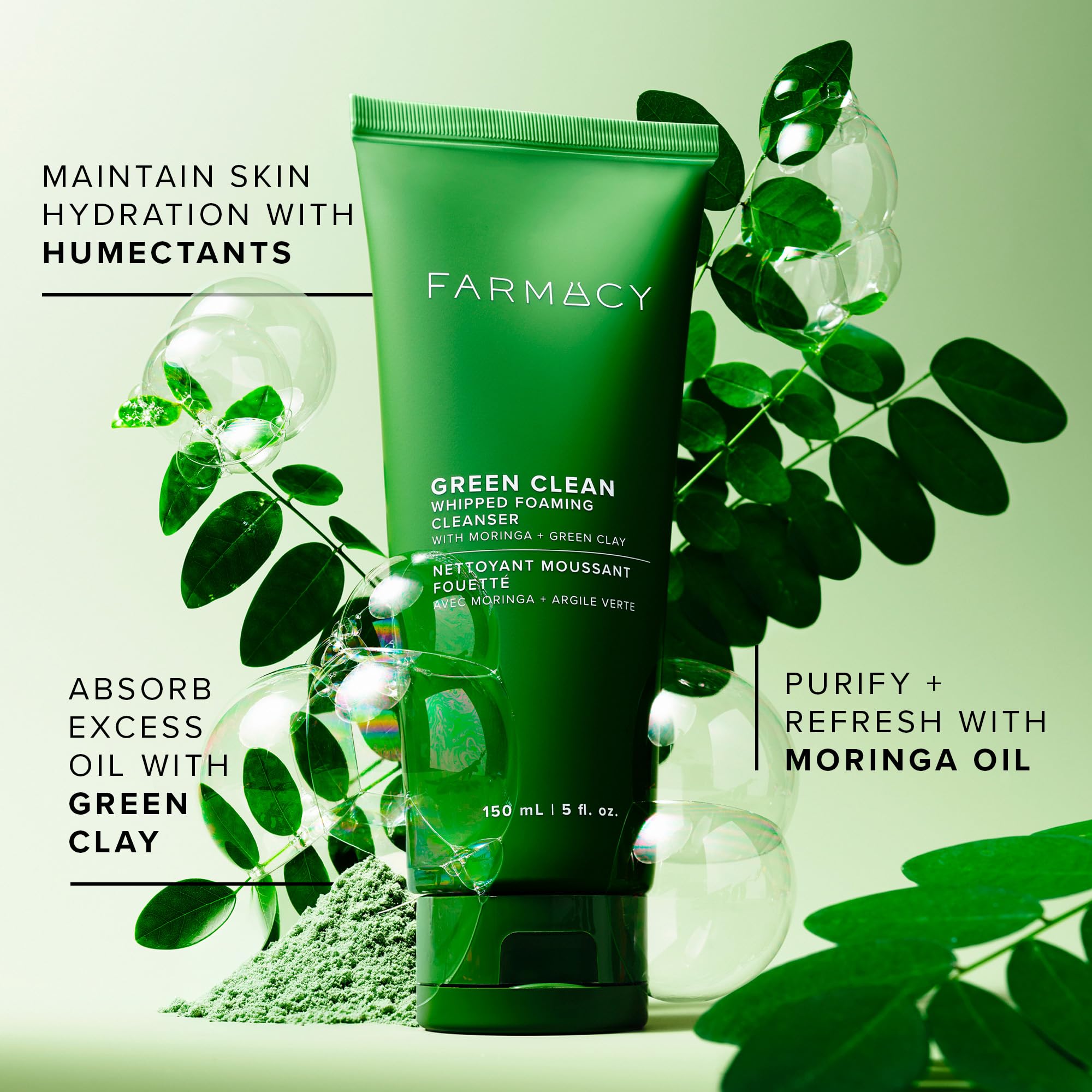 Farmacy Foaming Face Wash features moringa seed extract for pollution removal.