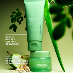 Farmacy Green Clean balm application demonstrates makeup removal with soothing touch.
