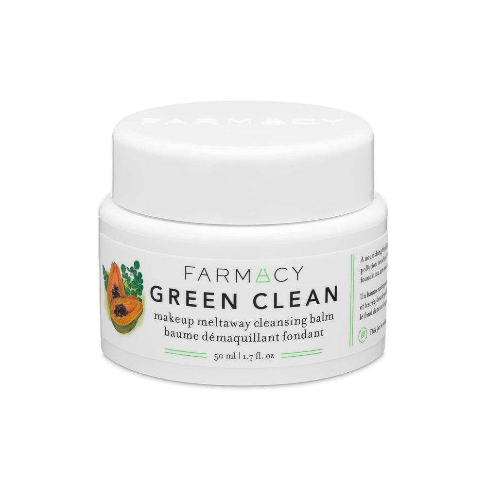 Farmacy Green Clean remover jar closeup highlighting silky balm texture for makeup removal.