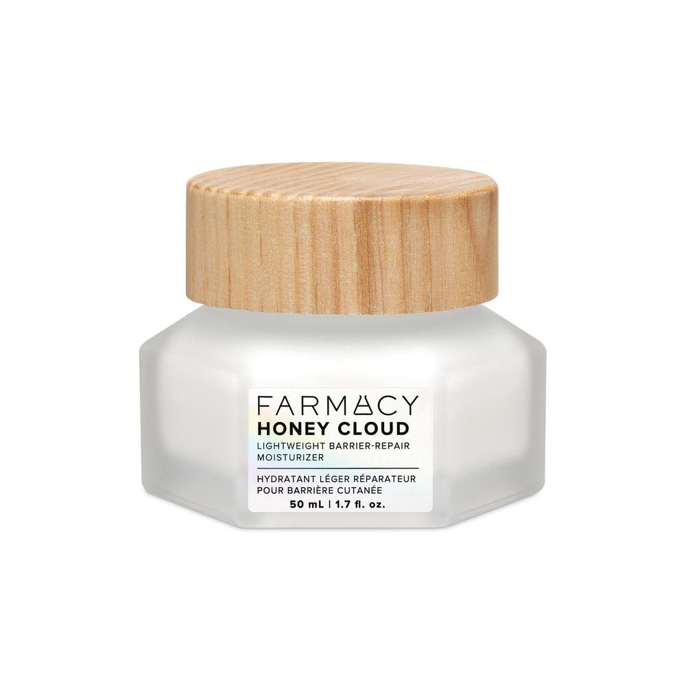 Farmacy Honey Cloud Moisturizer jar closeup shows weightless hydration for oily skin.