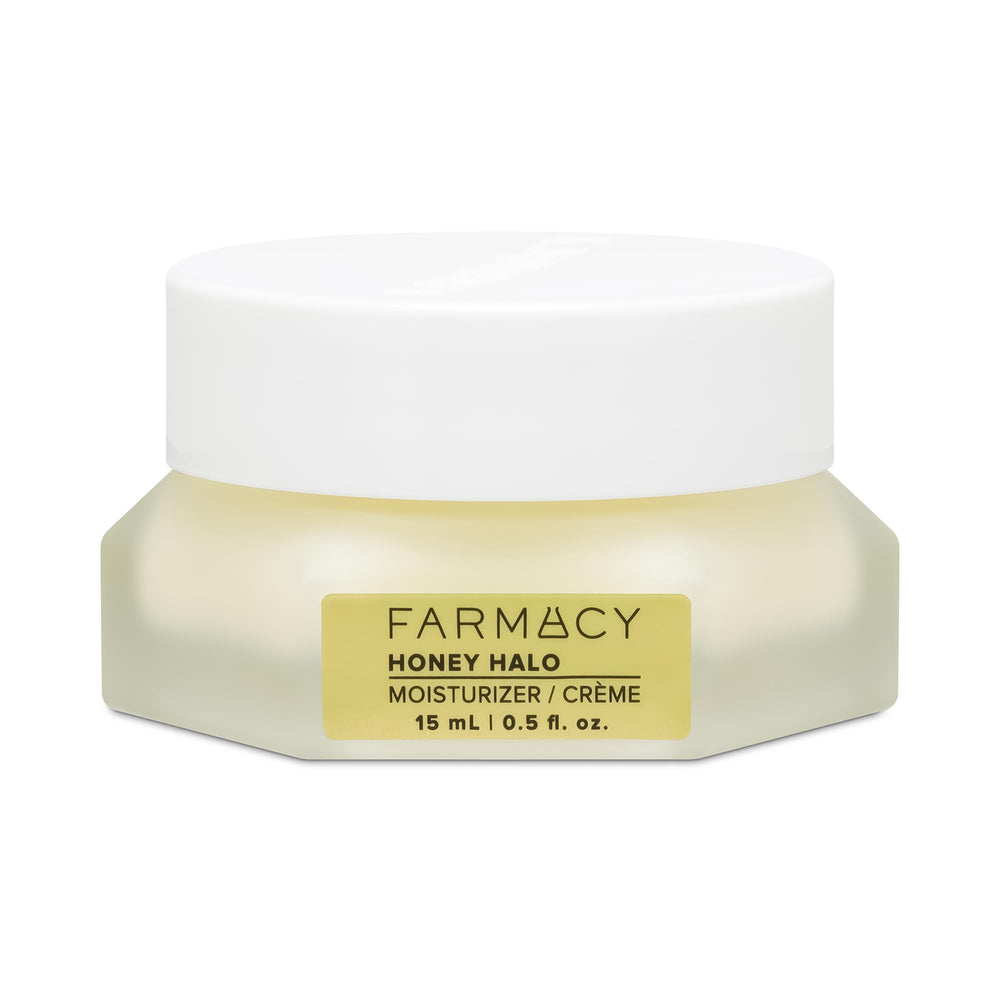 Farmacy Honey Halo bottle closeup showing hydrating cream for dry skin