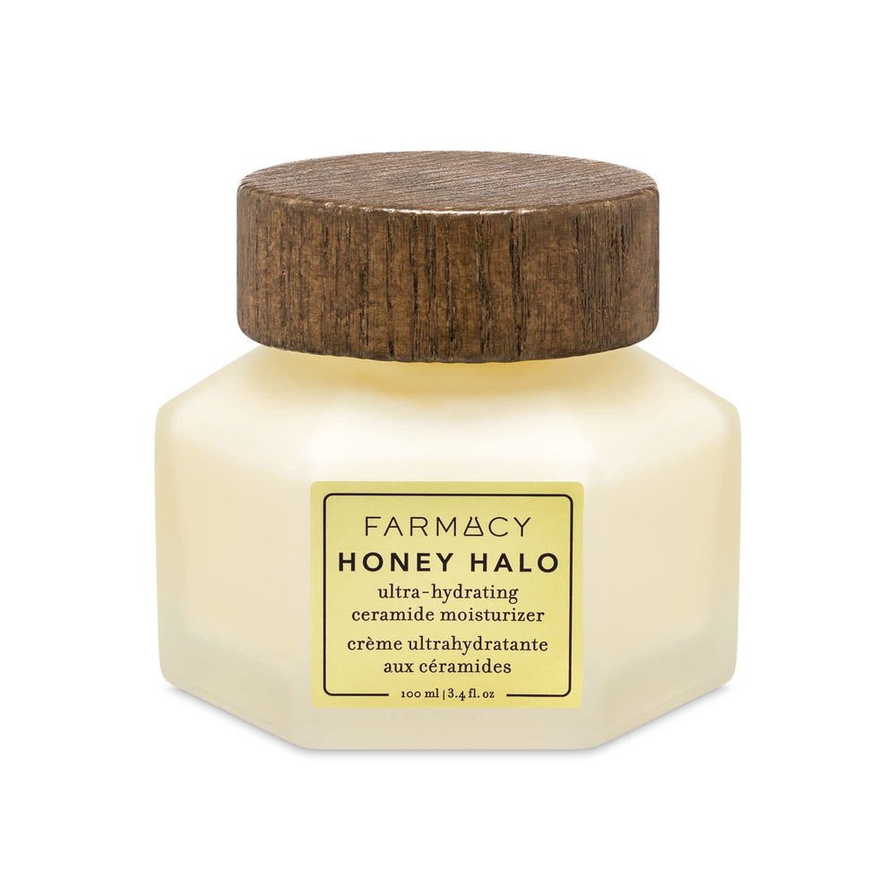 Farmacy Honey Halo jar closeup highlighting creamy hydration for dry skin.