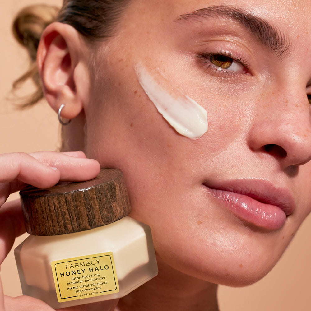 Farmacy hydration glow close-up highlights a dewy, plump complexion.