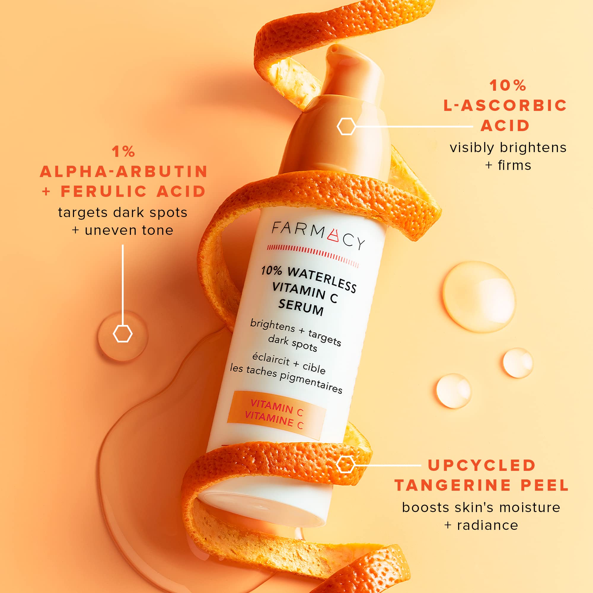 Close look at L-ascorbic acid, ferulic acid and actives in Farmacy serum.