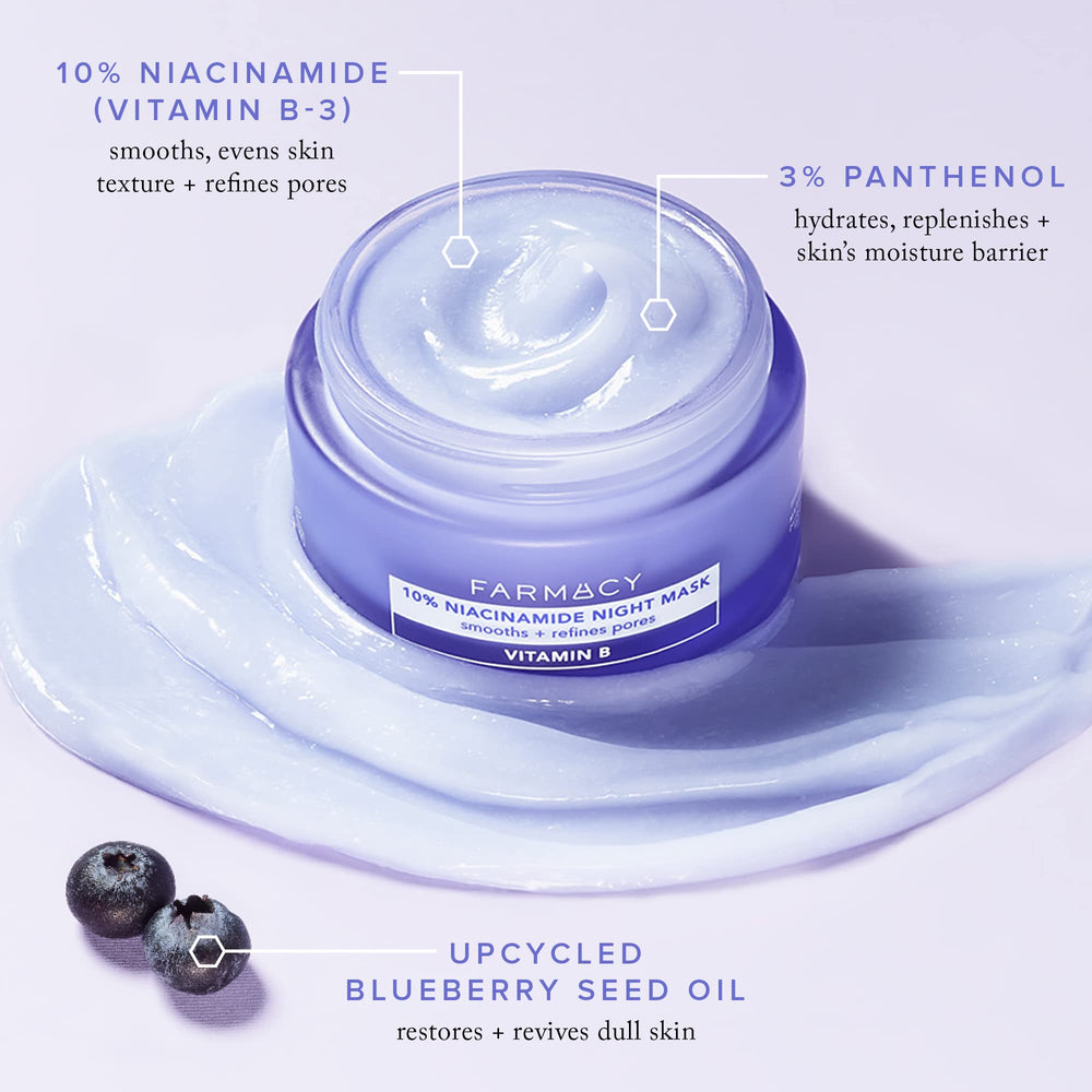 Evening skincare routine featuring Farmacy Niacinamide Mask for smoother complexion