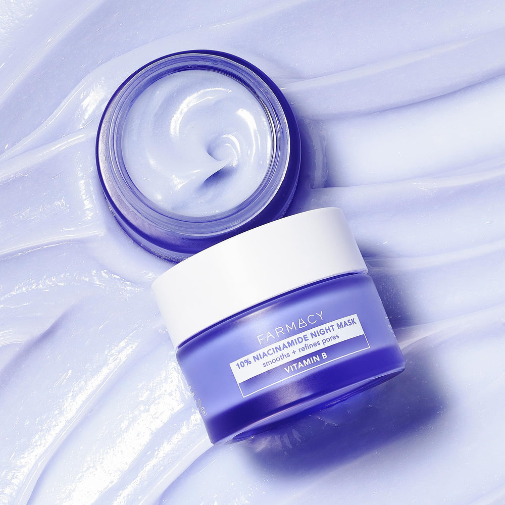 Farmacy Niacinamide Overnight Mask label highlights 10% niacinamide and 3% panthenol