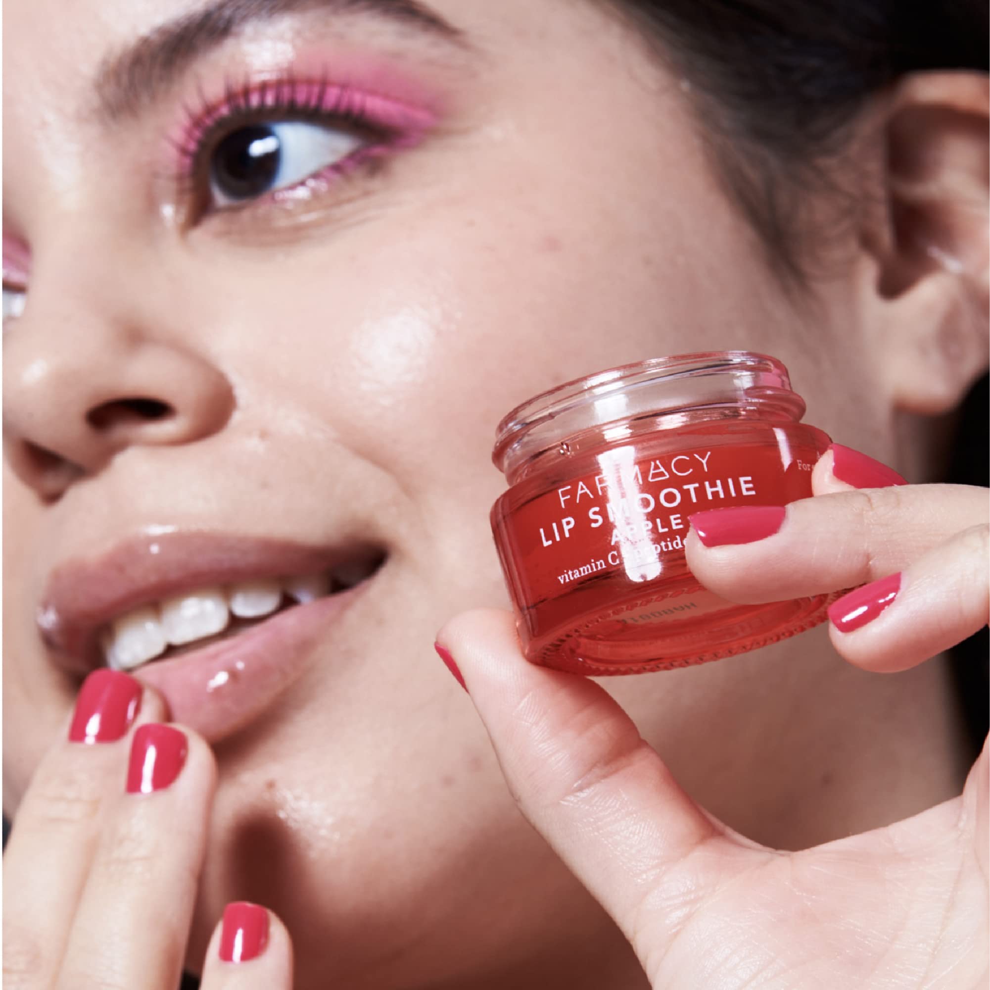 Close-up of smooth, glossy lips after using Farmacy lip smoothie