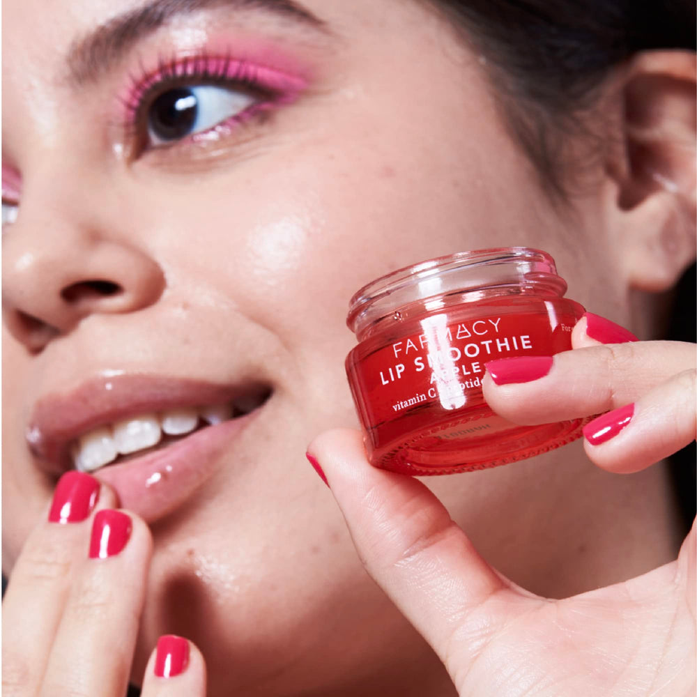 Close-up of smooth, glossy lips after using Farmacy lip smoothie