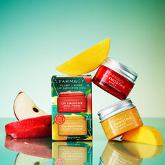 Farmacy Plump and Shine Mango balm swatch on lips with clear gloss finish