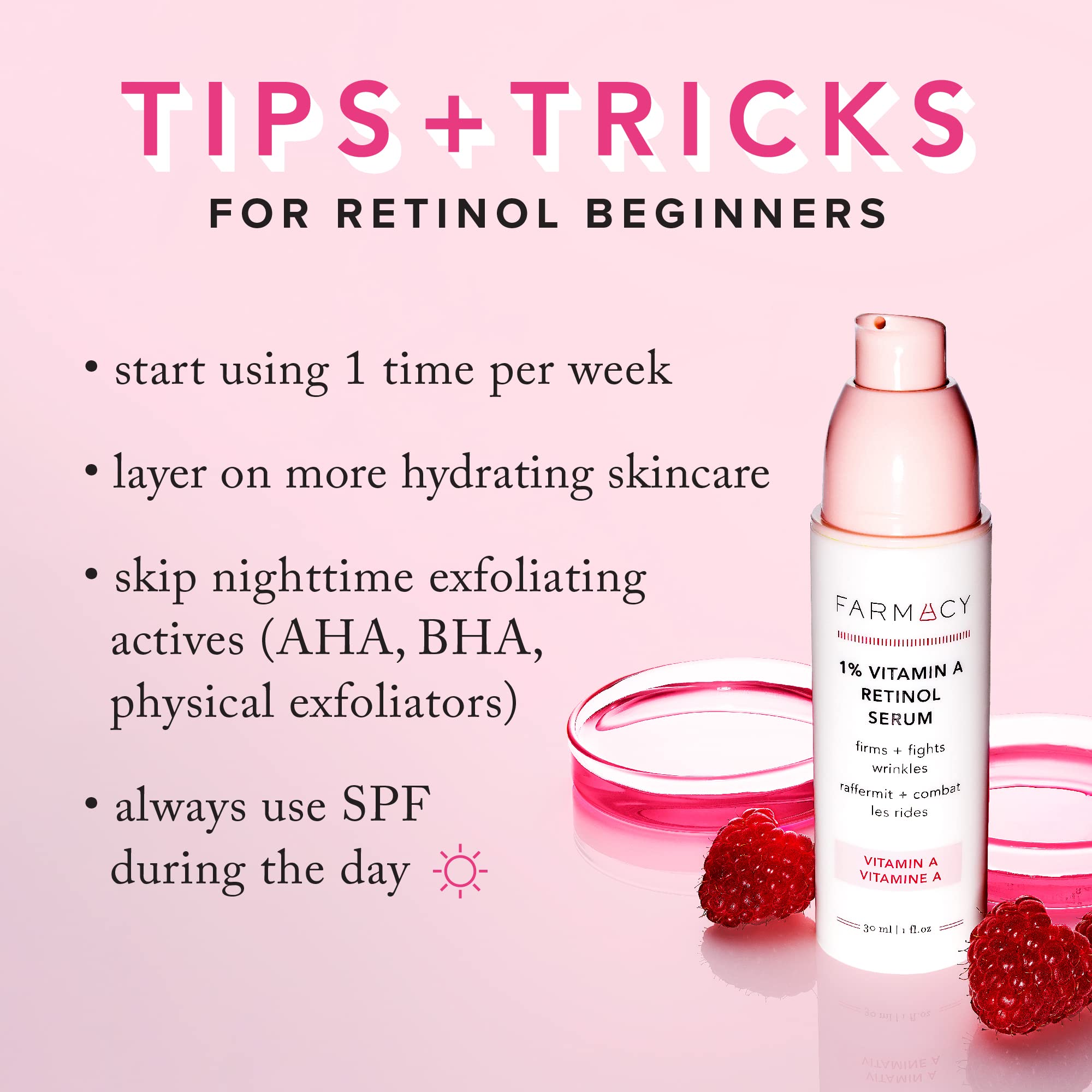 Farmacy retinol serum on vanity with moisturizer and SPF ready