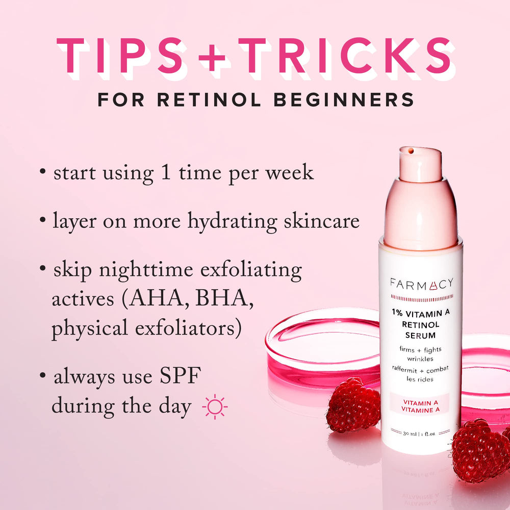 Farmacy retinol serum on vanity with moisturizer and SPF ready