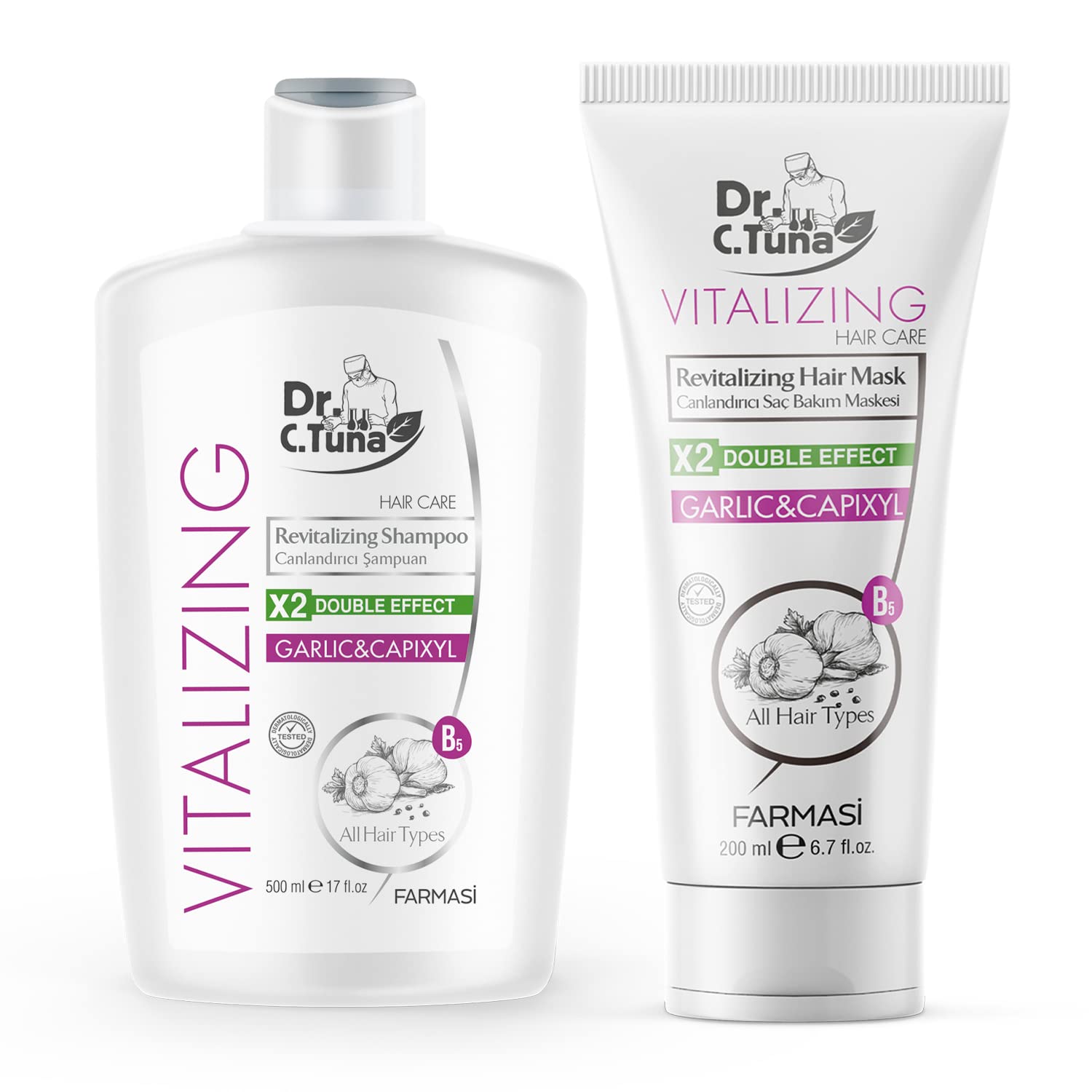 FARMASI Dr. C. Tuna garlic shampoo bottle shows nourishing formula for smoother, healthier-looking hair.