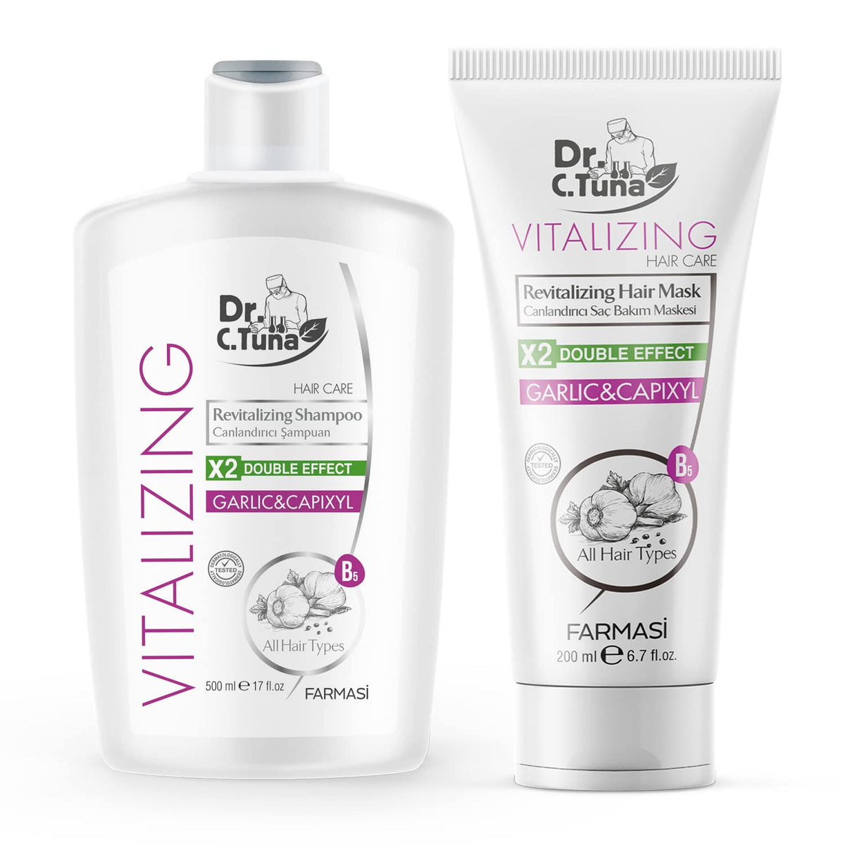 FARMASI Dr. C. Tuna garlic shampoo bottle shows nourishing formula for smoother, healthier-looking hair.