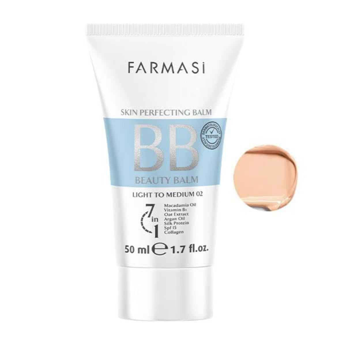 Farmasi Make Up BB Cream bottle closeup shows natural coverage for all skin types.
