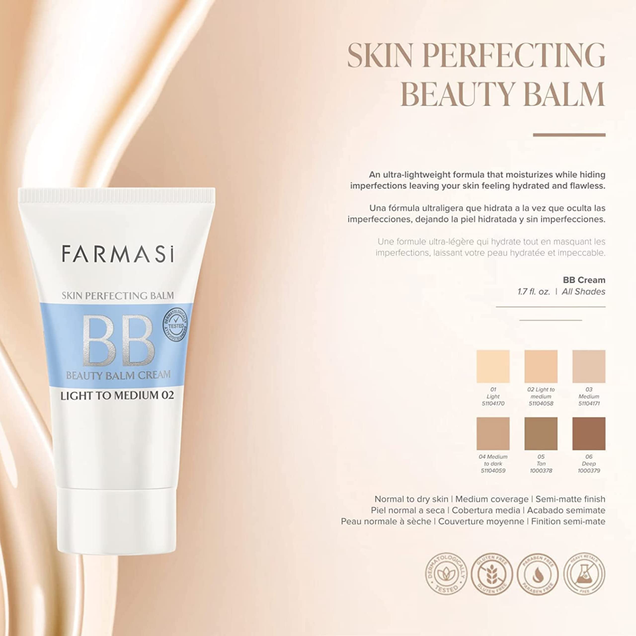 Farmasi Make Up BB Cream texture swirl suggests lightweight blend for natural, radiant skin.