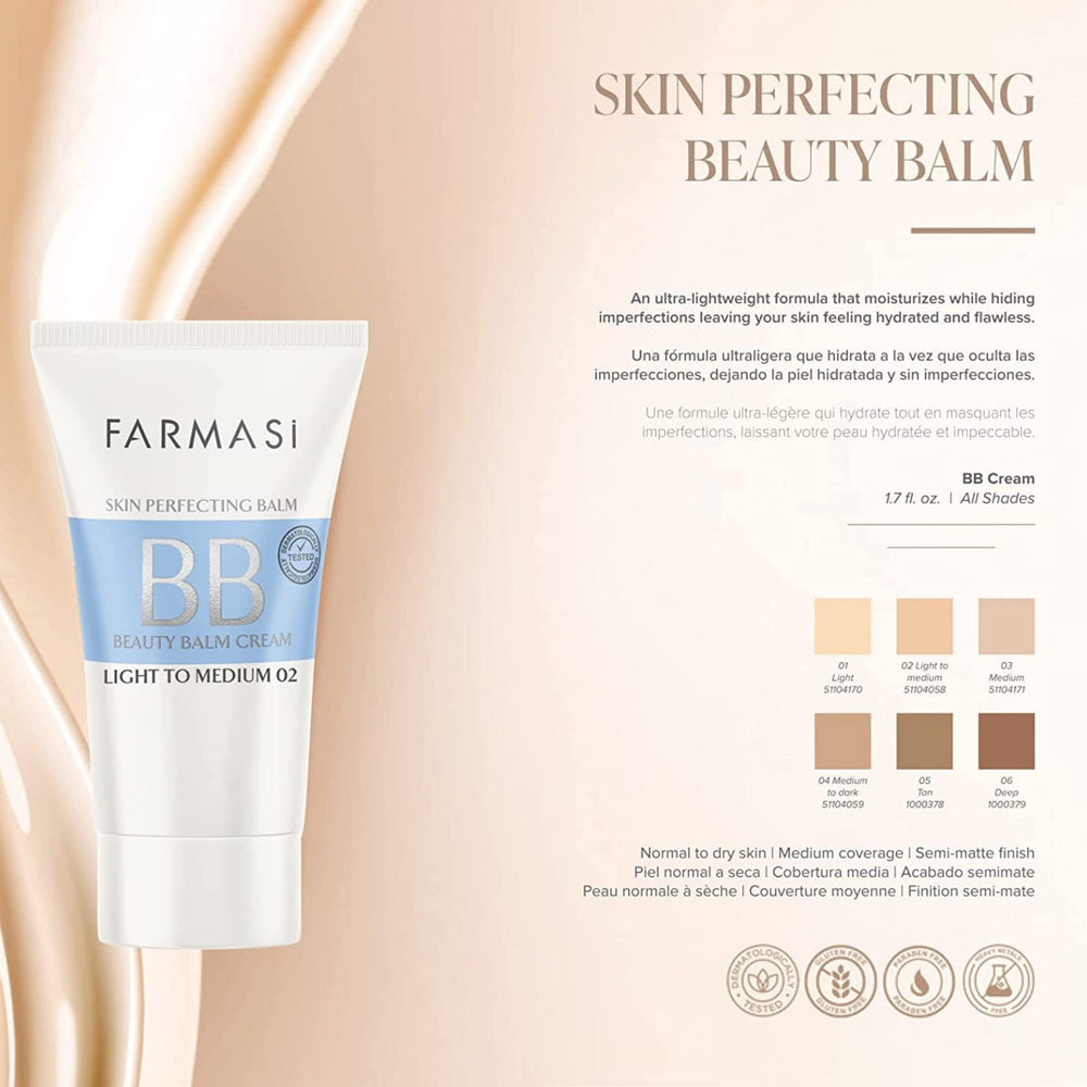 Farmasi Make Up BB Cream texture swirl suggests lightweight blend for natural, radiant skin.