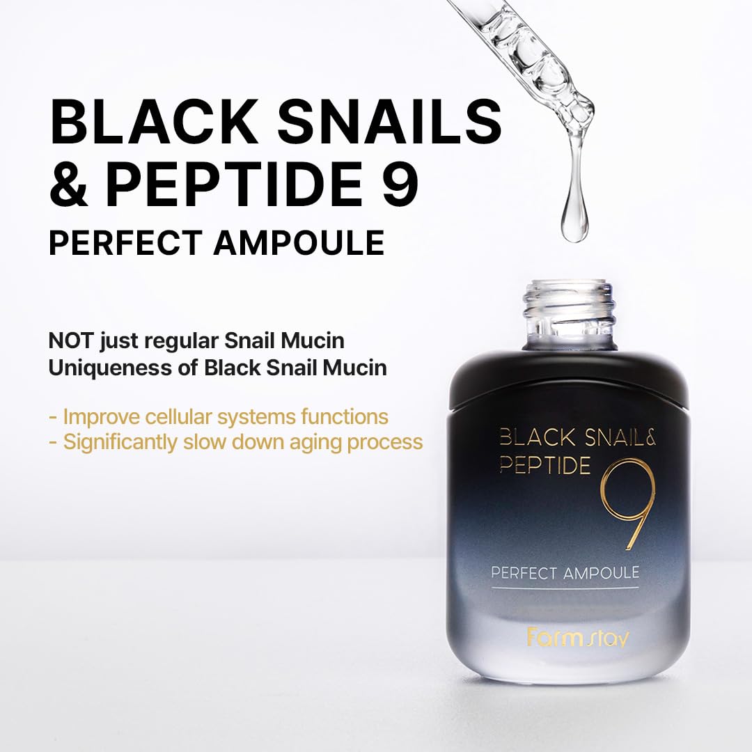 FARMSTAY ampoule texture close-up shows light essence-like formula absorbing quickly.
