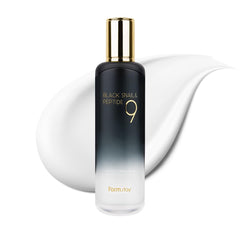 FARMSTAY Black Snail Mucin Perfect Emulsion bottle closeup illustrates daily hydration for dry skin.